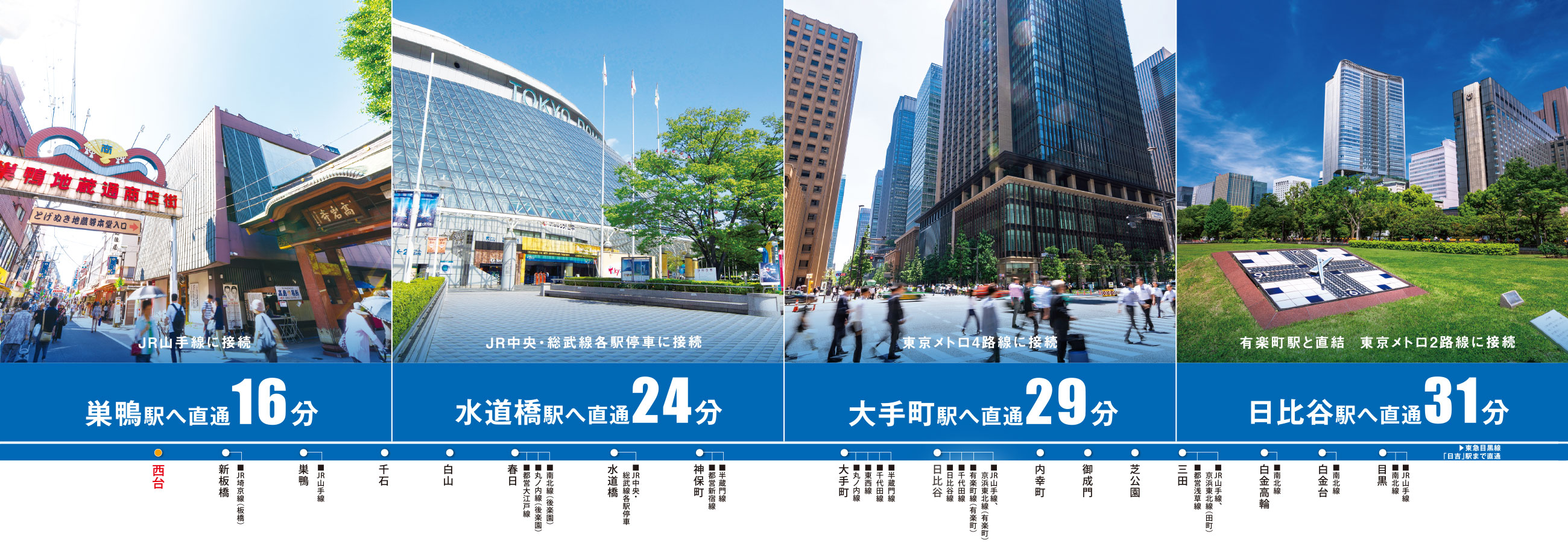 巣鴨駅へ直通16分、水道橋駅へ直通24分、大手町駅へ直通29分、日比谷駅へ直通31分