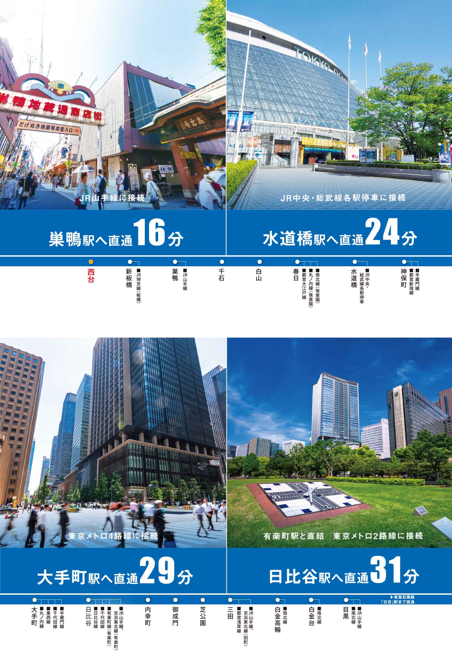 巣鴨駅へ直通16分、水道橋駅へ直通24分、大手町駅へ直通29分、日比谷駅へ直通31分