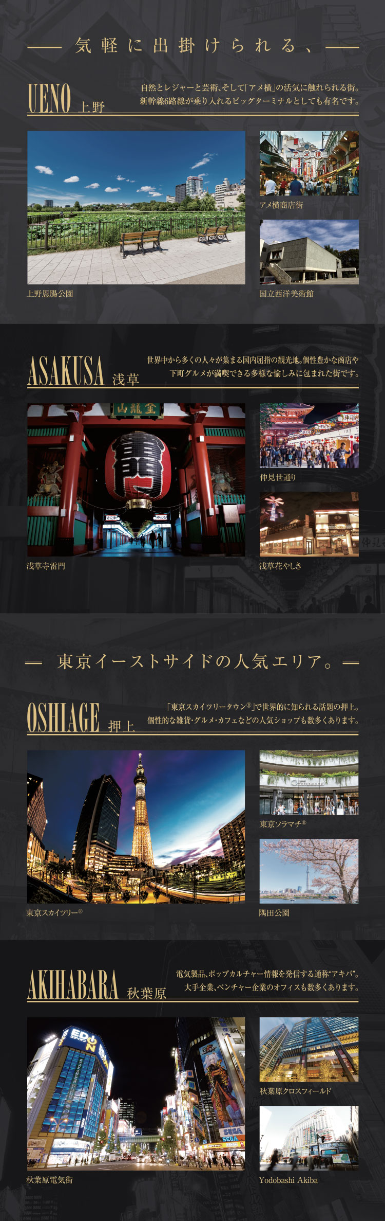 気軽に出かけられる、上野、浅草。東京イーストサイドの人気エリア。押上、秋葉原