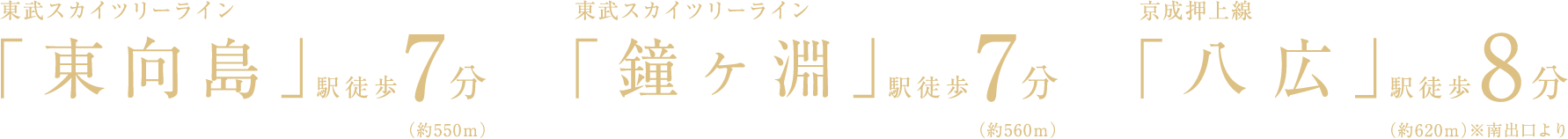 東武スカイツリーライン「東向島」駅徒歩7分(約550m)、東武スカイツリーライン「鐘ヶ淵」駅徒歩7分(約560m)、東武スカイツリーライン「八広」駅徒歩8分(約620m)※南出口より