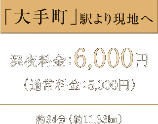 「大手町」駅より現地へ 深夜料金6,000円(通常料金5,000円)約34分(約11.33km)