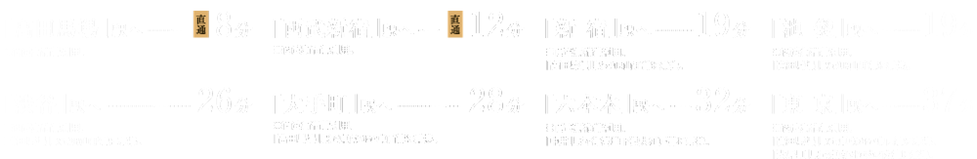「高田馬場」駅へ直通8分、「西武新宿」駅へ直通12分、「新宿」駅へ19分、「池袋」駅へ19分、「渋谷」駅へ26分、「大手町」駅へ28分、「六本木」駅へ32分、「東京」駅へ37分