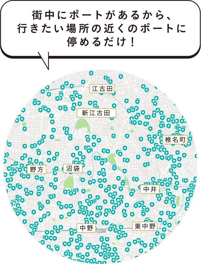 街中にポートがあるから、行きたい場所の近くのポートに停めるだけ!